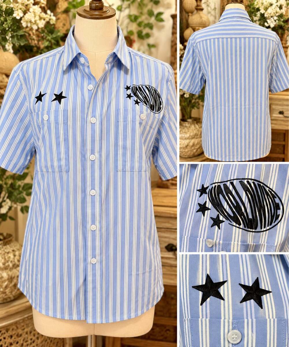 Stella McCartney Star Embroidered Striped Shirt Blue White Cotton